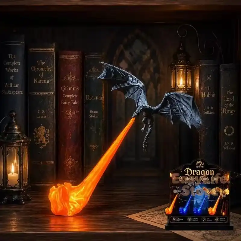 Dragon Bookshelf Nook Light, 3D Printed Fire-Breathing Fantasy Shelf Decor Flying Dragon Design